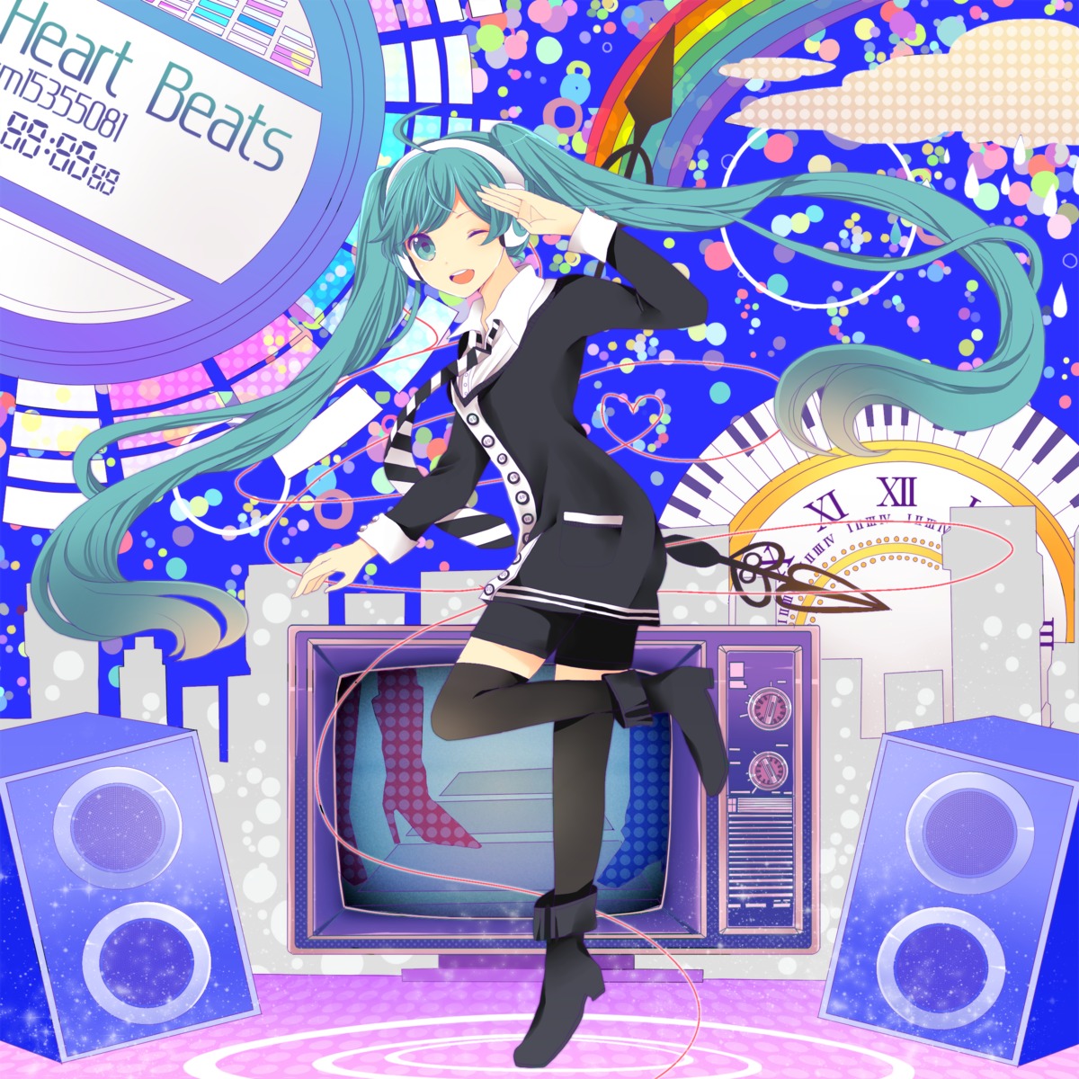 hatsune_miku, headphones, komine, thighhighs, vocaloid