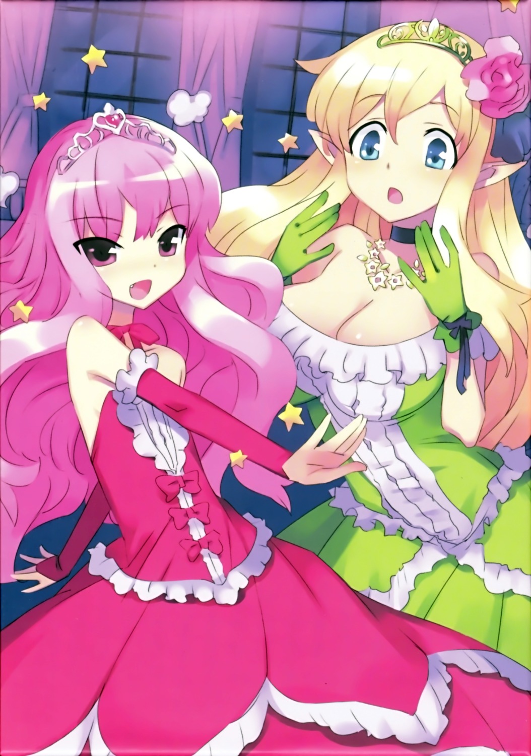 cleavage, dress, elf, louise_francoise_le_blanc_de_la_valliere, overfiltered, pointy_ears, tiffania_westwood, usatsuka_eiji