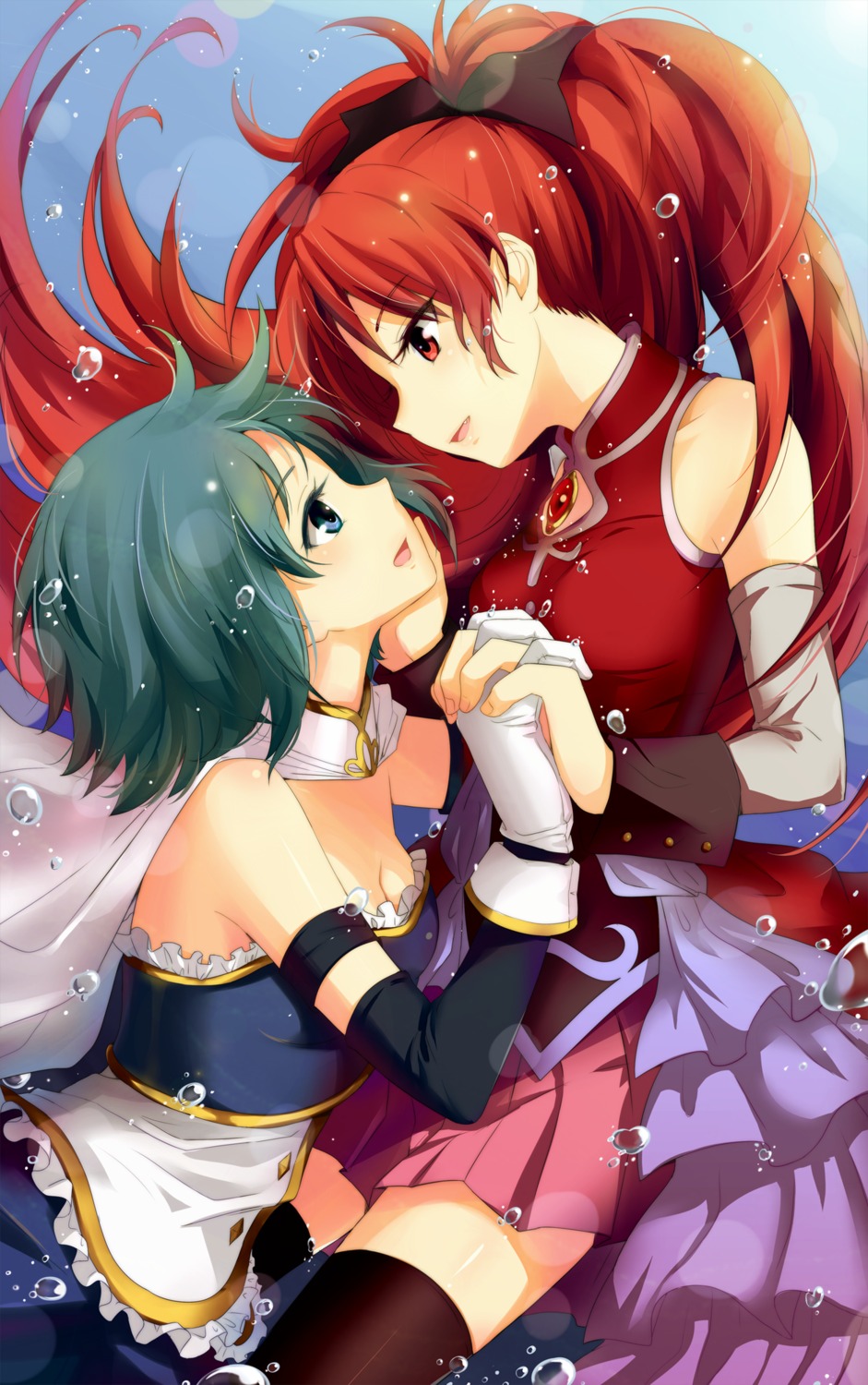 cleavage, mahou_shoujo_madoka_magica, miki_sayaka, misu_kasumi, sakura_kyouko, thighhighs