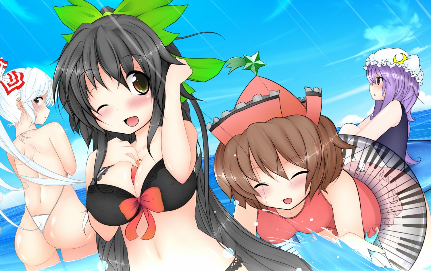 ass, bakko, bikini, cleavage, fujiwara_no_mokou, lyrica_prismriver, patchouli_knowledge, reiuji_utsuho, swimsuits, touhou