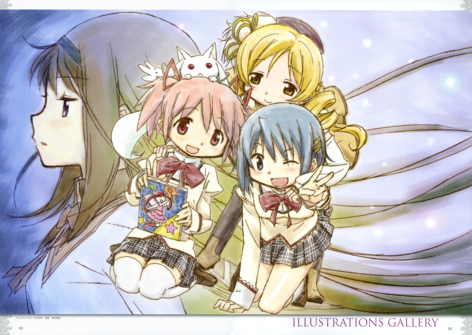 akemi_homura, kaname_madoka, kishida_takahiro, kyubey, mahou_shoujo_madoka_magica, miki_sayaka, seifuku, thighhighs