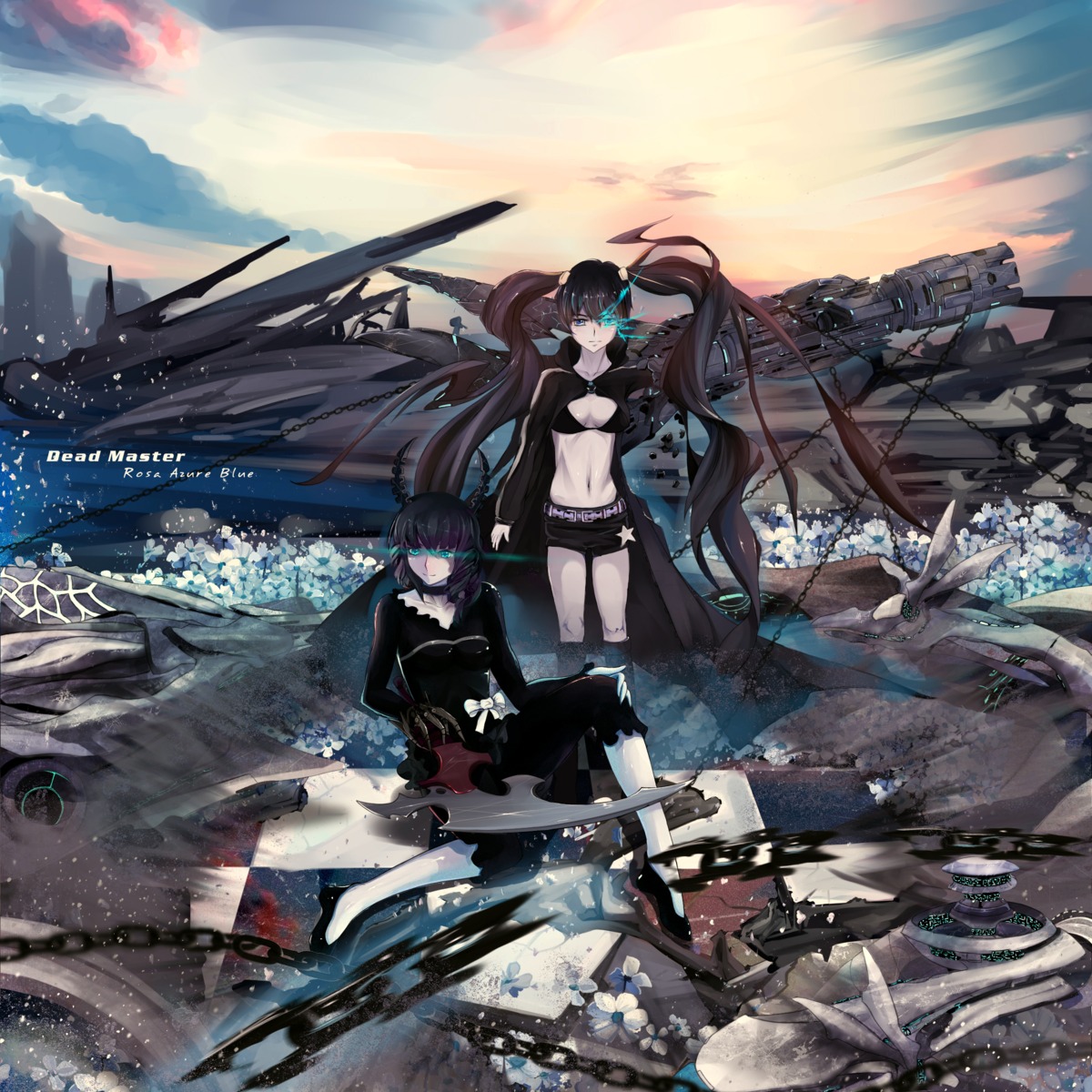black_rock_shooter, black_rock_shooter_(character), dead_master, gun, rosa_azure_blue, vocaloid