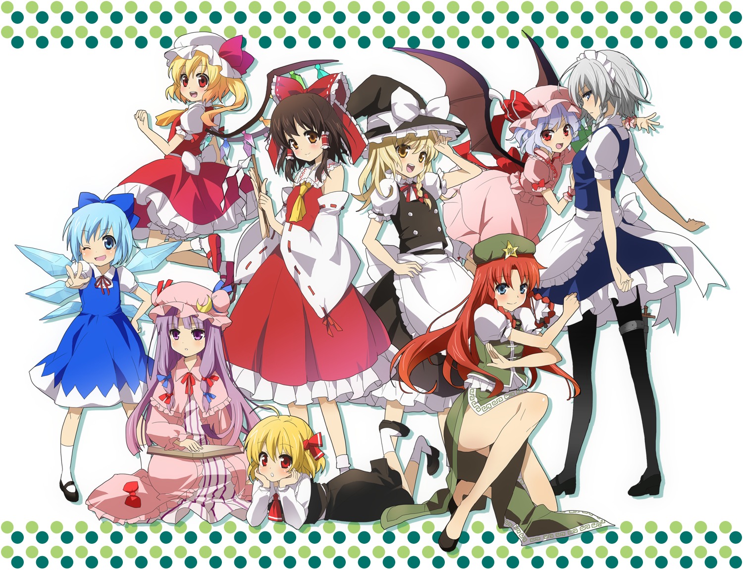 cirno, dress, flandre_scarlet, hakurei_reimu, hong_meiling, izayoi_sakuya, kirisame_marisa, kurot