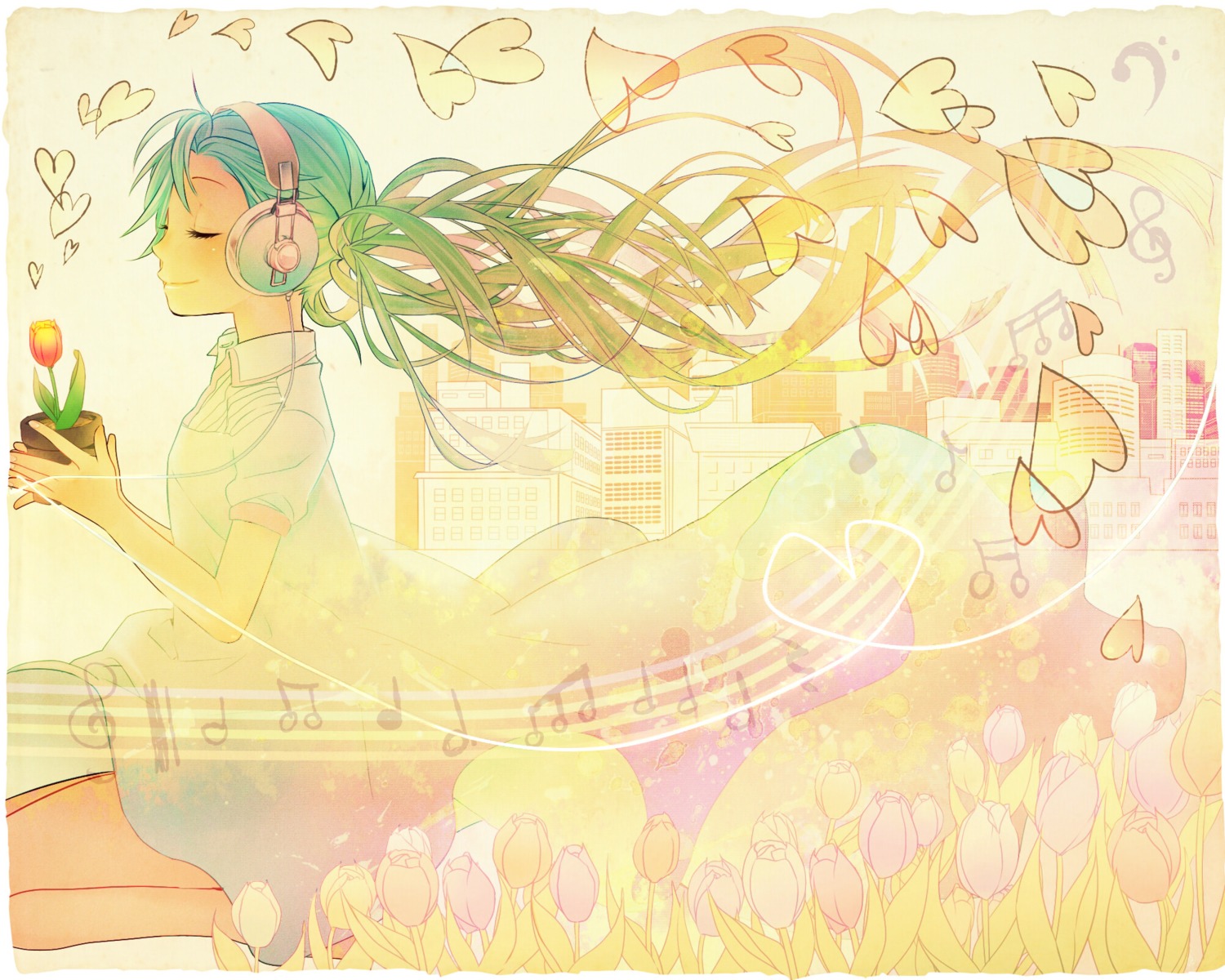 dress, hatsune_miku, headphones, keishi, vocaloid