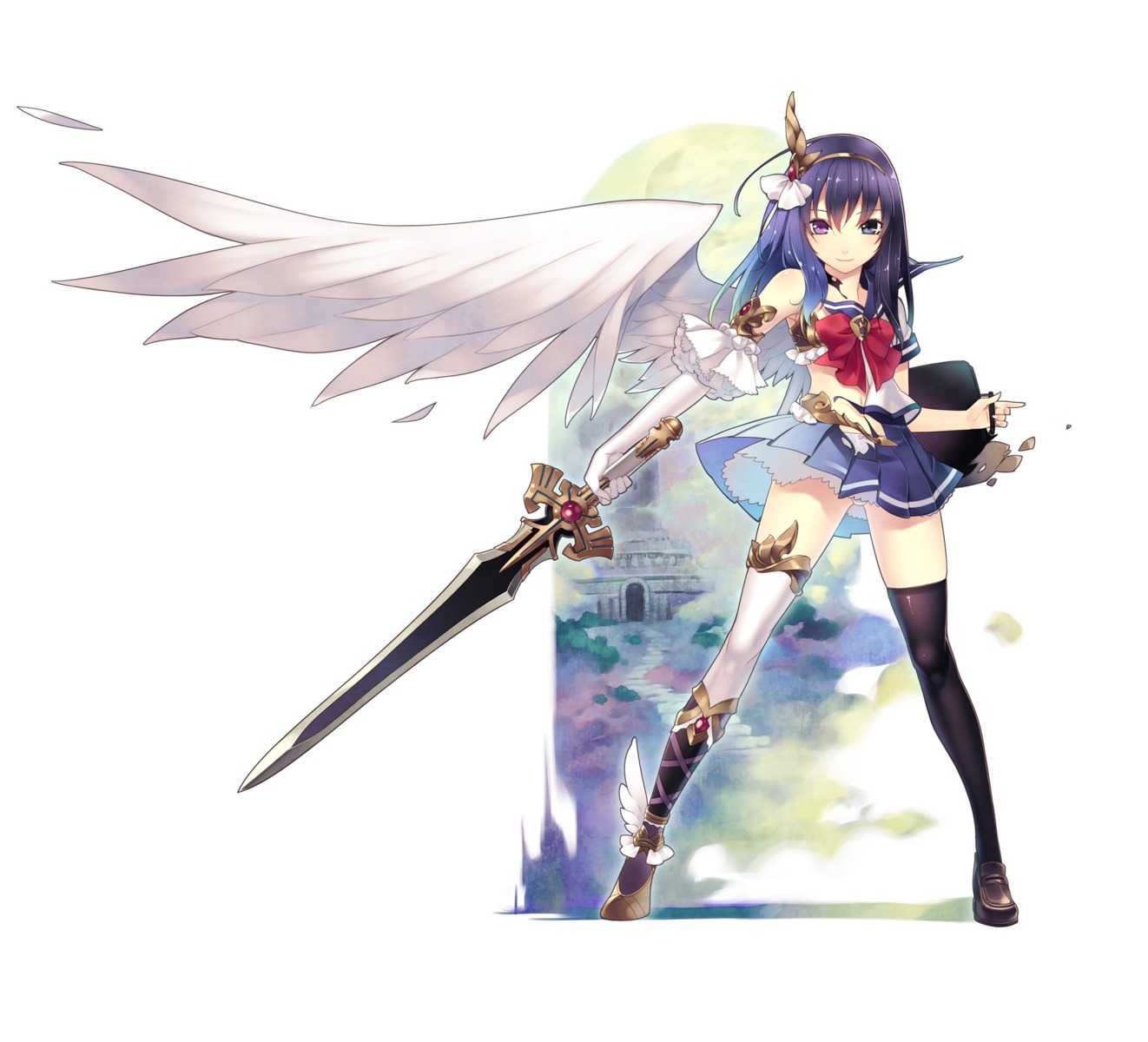 angel, heterochromia, hirano_katsuyuki, pantsu, seifuku, sword, thighhighs, valis_kokkyou_keibitai, wings