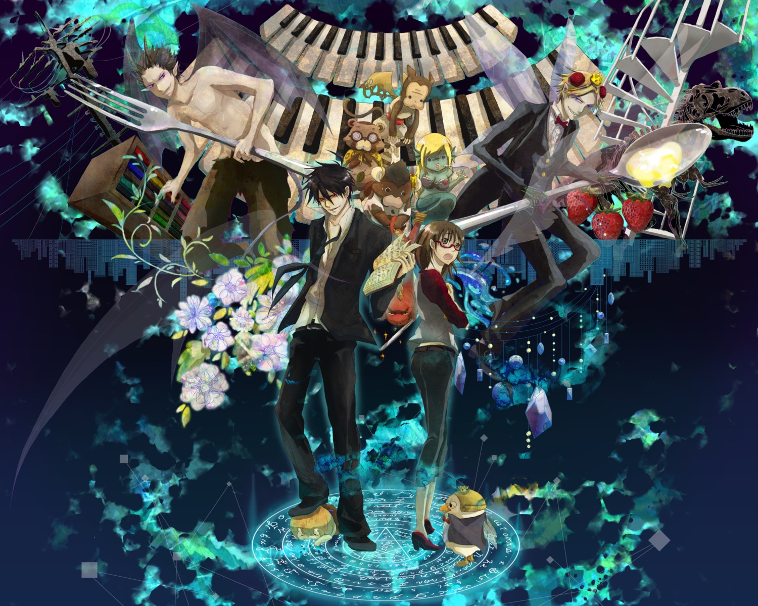 akutabe, azazel, beelzebub_yuichi, gusion, horns, megane, mermaid, moloch, monster_girl, mushoku, sakuma_rinko, salamander_(yondemasuyo_!_azazel-san), undine_(yondemasuyo_!_azazel-san), wings, yondemasuyo_!_azazel-san