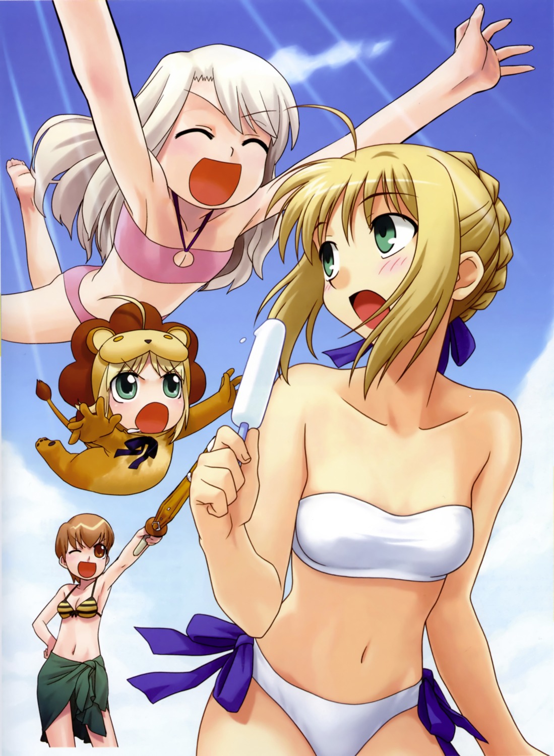 artoria_pendragon_(fate), bikini, fate/stay_night, fujimura_taiga, higurashi_ryuuji, hirai_yukio, illyasviel_von_einzbern, swimsuits