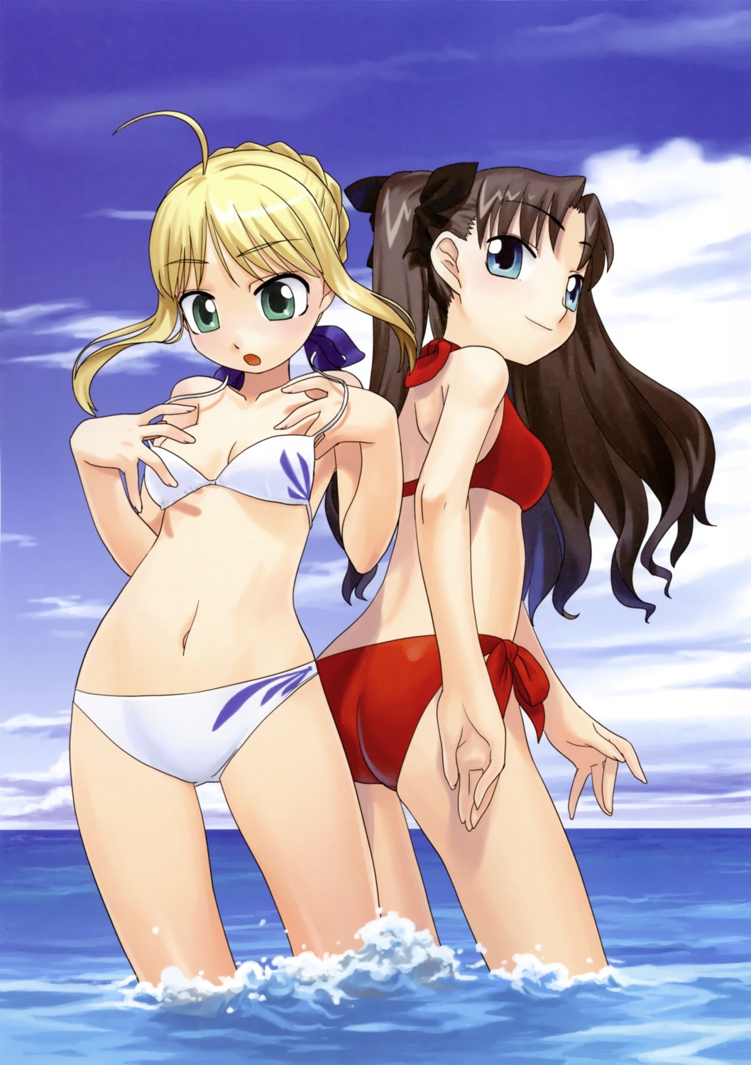 artoria_pendragon_(fate), ass, bikini, fate/stay_night, fate/tiger_colosseum, hirai_yukio, swimsuits, toosaka_rin