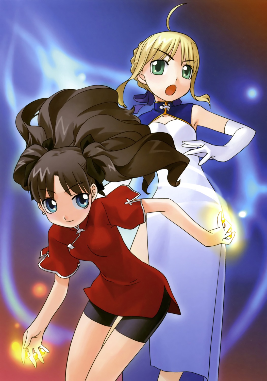artoria_pendragon_(fate), bike_shorts, dress, fate/stay_night, fate/tiger_colosseum, hirai_yukio, toosaka_rin, type-moon