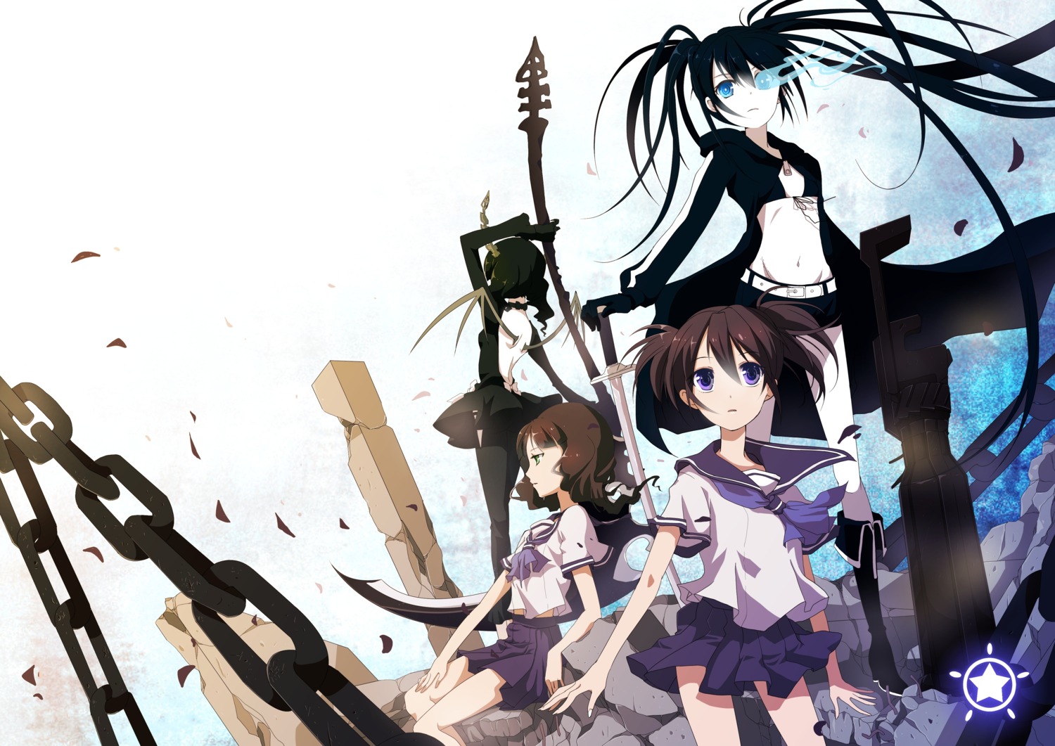 black_rock_shooter, black_rock_shooter_(character), dead_master, kiko, kuroi_mato, seifuku, takanashi_yomi, vocaloid