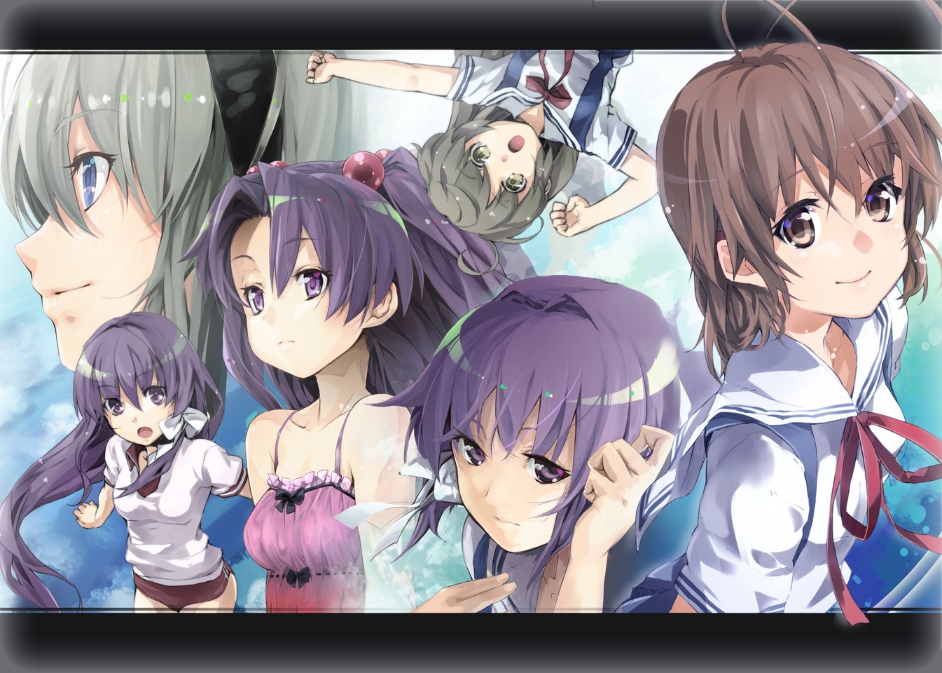 clannad, fujibayashi_kyou, fujibayashi_ryou, furukawa_nagisa, gym_uniform, ibuki_fuuko, ichinose_kotomi, seifuku