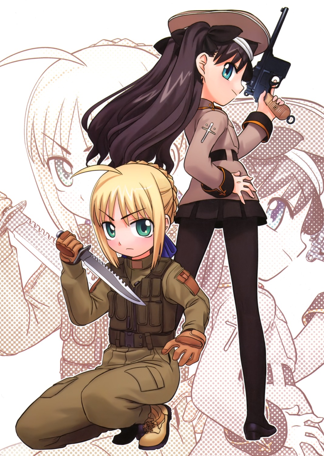 artoria_pendragon_(fate), chibi, fate/stay_night, gun, hirai_yukio, pantyhose, toosaka_rin, type-moon