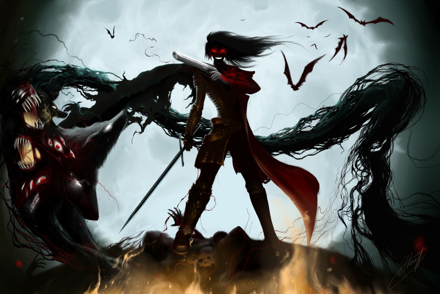 alucard, gun, hellsing, male, monster