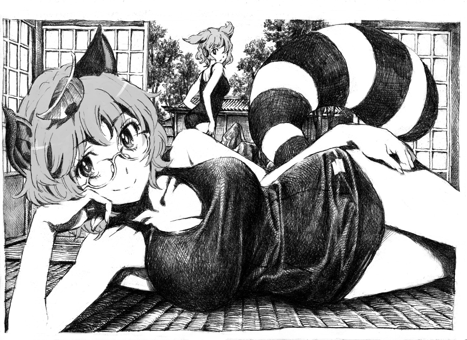 animal_ears, cleavage, futatsuiwa_mamizou, megane, monochrome, nobita, school_swimsuit, swimsuits