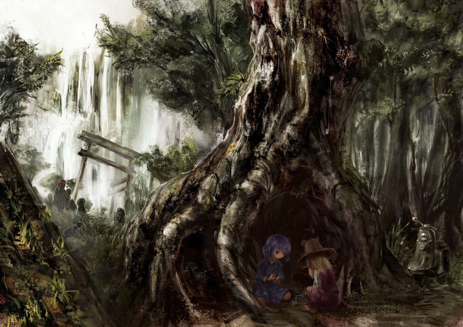 animal_ears, kabihuton, kawashiro_nitori, landscape, moriya_suwako, touhou