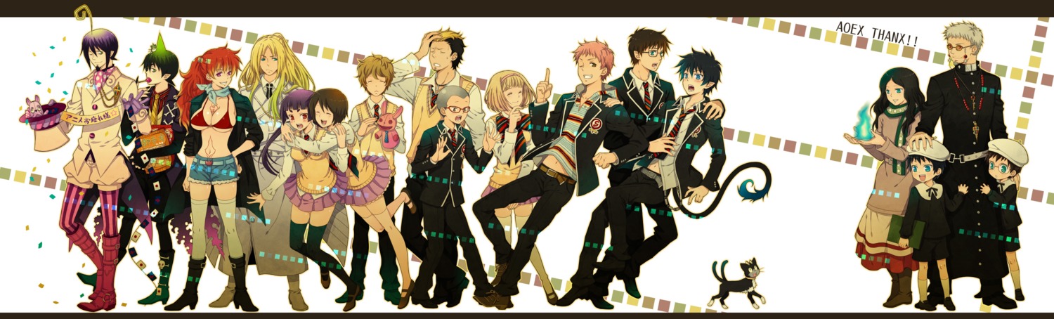amaimon, ao_no_exorcist, bikini_top, cleavage, fujimoto_shiro, kamiki_izumo, kirigakure_shura, megane, mephisto_pheles, miwa_konekomaru, moriyama_shiemi, okumura_rin, okumura_yukio, paku_noriko, seifuku, shima_renzou, suguro_ryuji, swimsuits, tail, thighhighs, yuuno_(yukioka)