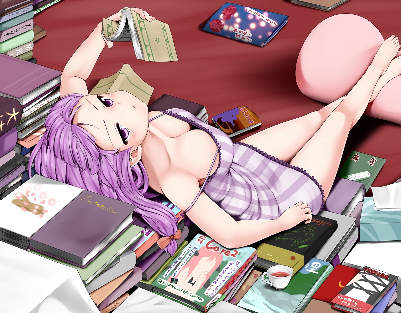 cleavage, jpeg_artifacts, miki_plus, no_bra, patchouli_knowledge, touhou