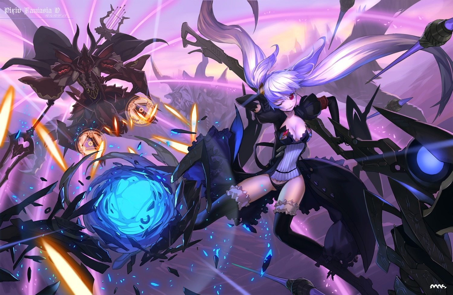 armor, gun, mhk, monster, pantsu, pixiv_fantasia_v, sword, thighhighs