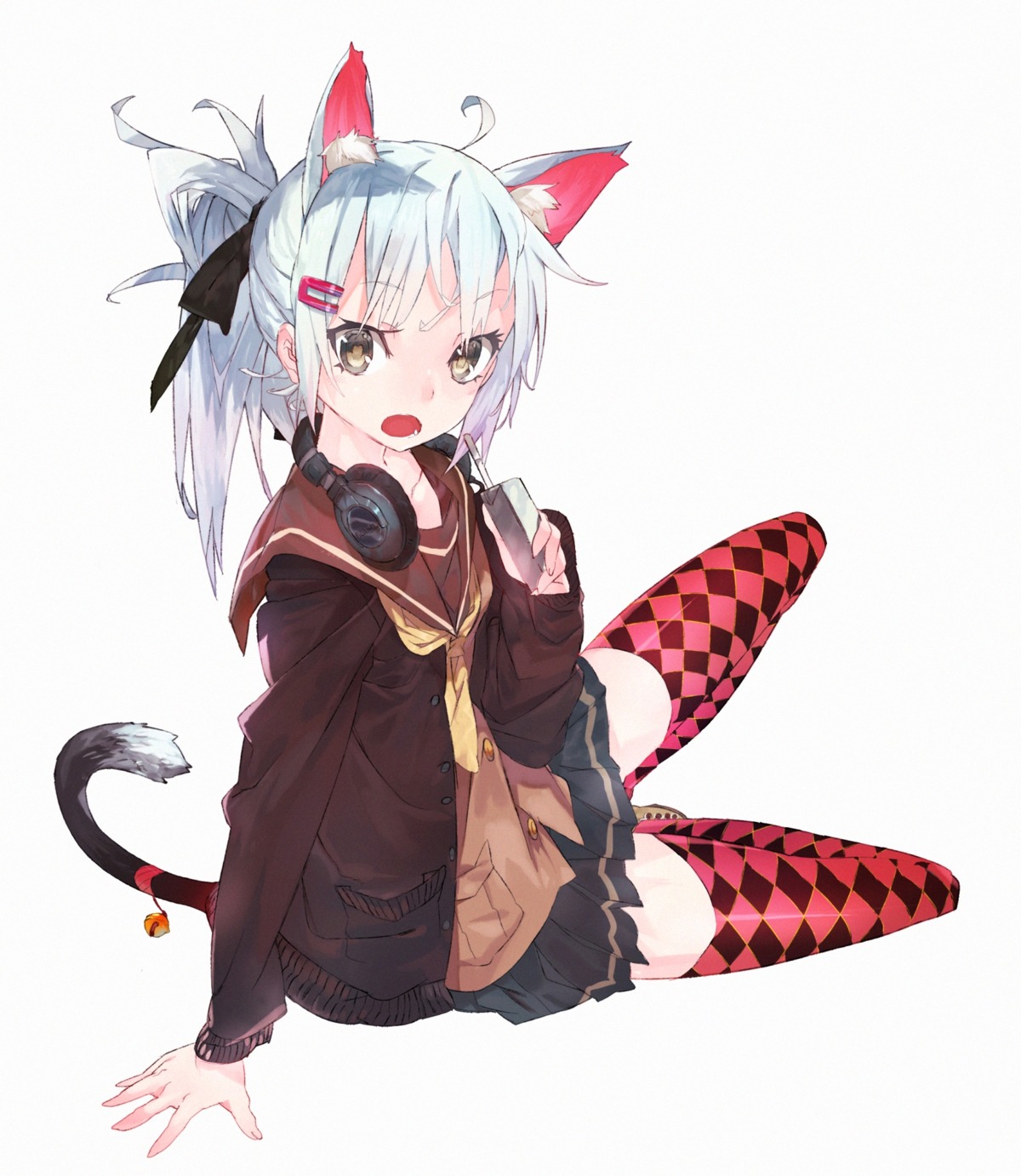 animal_ears, headphones, karei, nekomimi, seifuku, tail, thighhighs