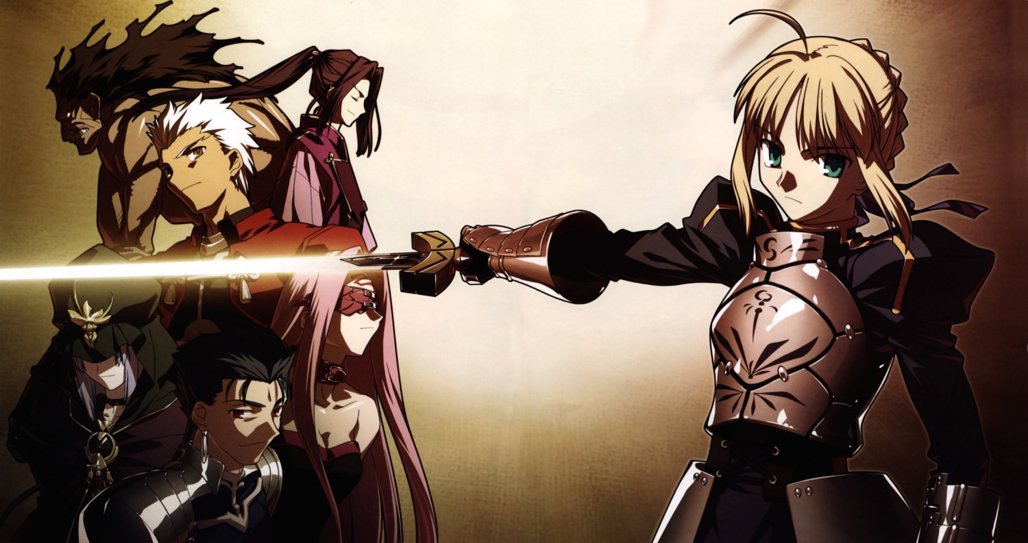 archer, artoria_pendragon_(fate), assassin, cu_chulainn_(fate), fate/stay_night, heracles_(fate), japanese_clothes, medea_(fate), medusa_(fate), sword, takeuchi_takashi, type-moon