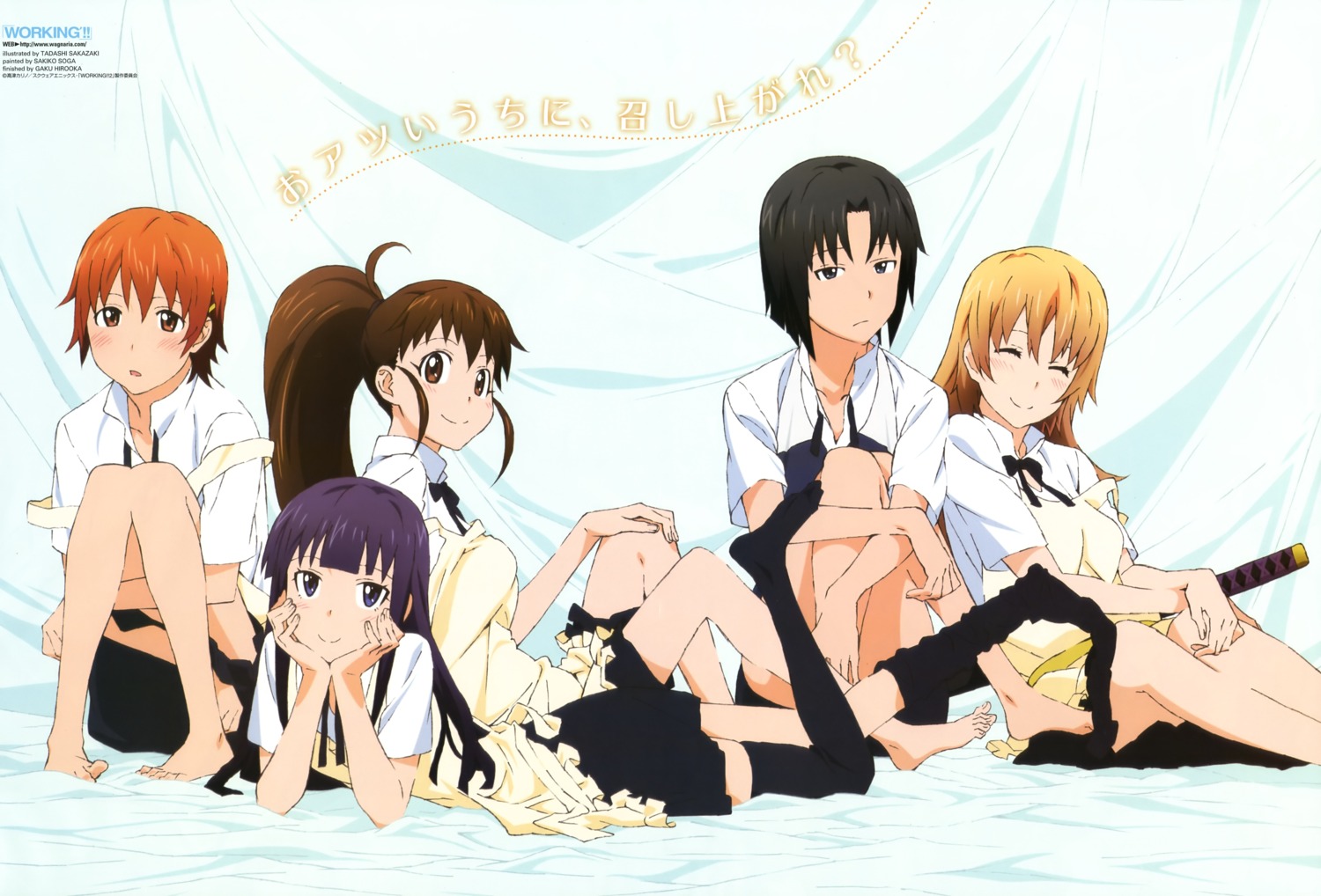 inami_mahiru, sakazaki_tadashi, shirafuji_kyouko, taneshima_poplar, thighhighs, todoroki_yachiyo, waitress, working!!, yamada_aoi