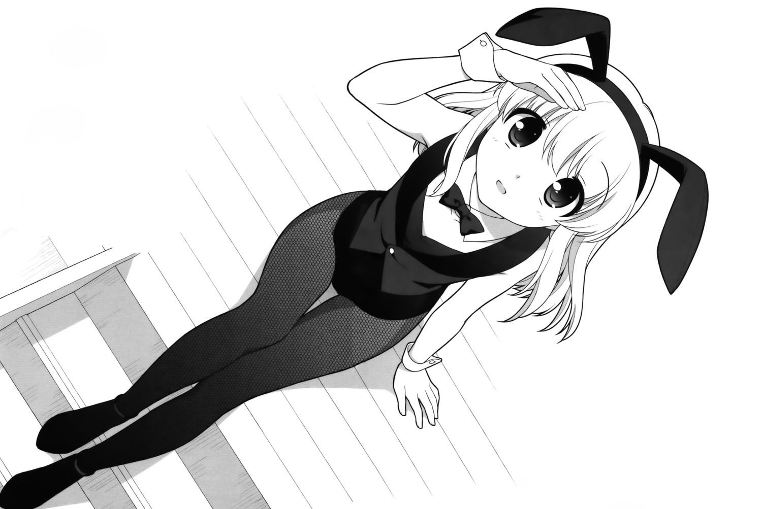 animal_ears, bunny_ears, bunny_girl, fishnets, monochrome, pantyhose, ueda_yuu