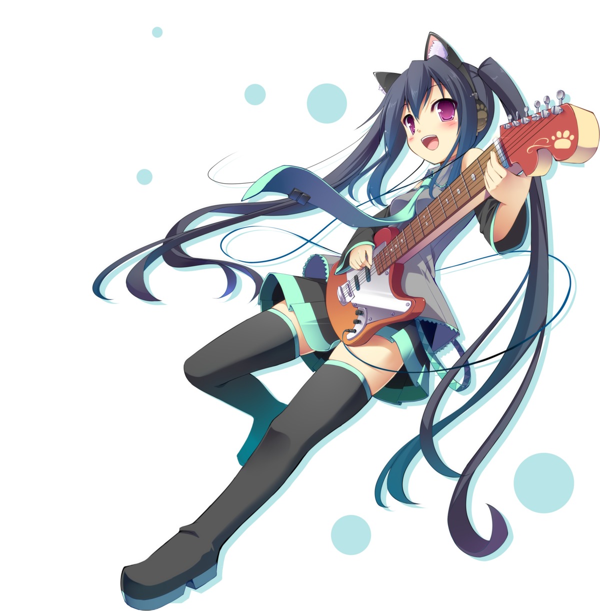 animal_ears, cosplay, guitar, hatsune_miku, k-on!, masaki_(machisora), nakano_azusa, nekomimi