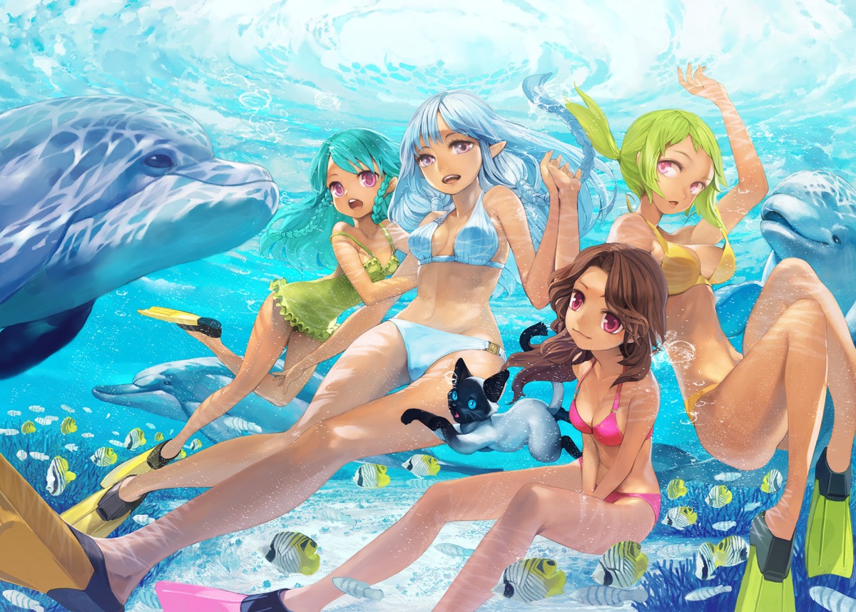 bikini, cleavage, elf, espoir, neko, pointy_ears, swimsuits, wardrobe_malfunction