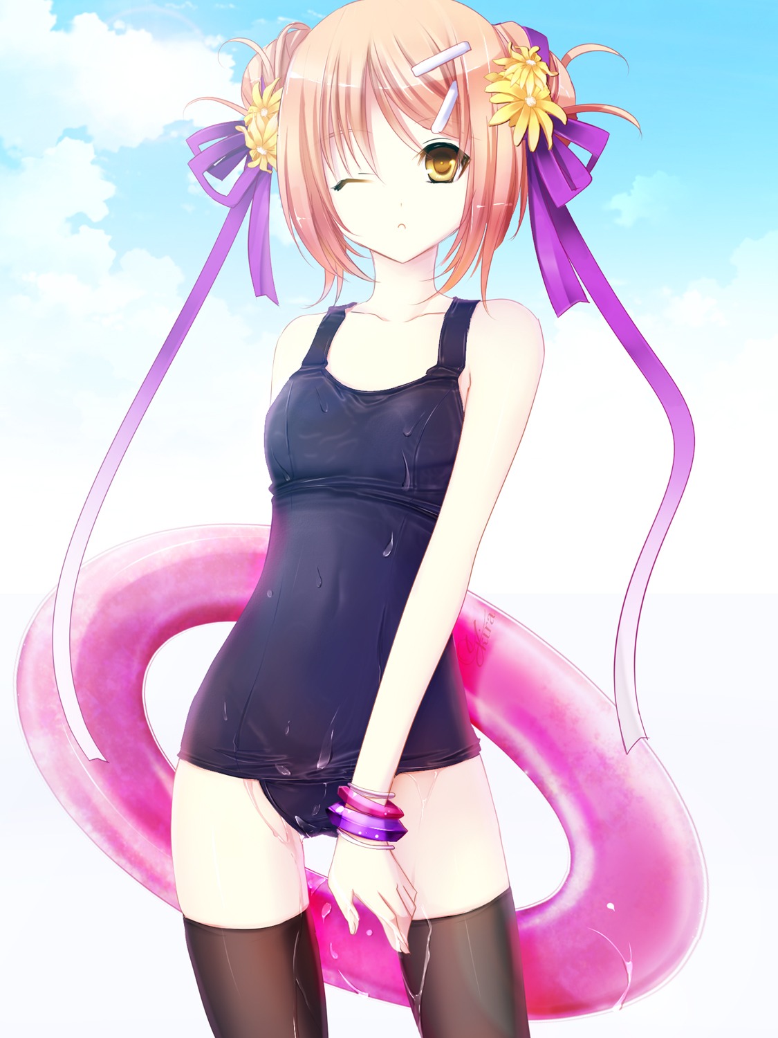 school_swimsuit, swimsuits, thighhighs, wet_clothes, yuuki_kira