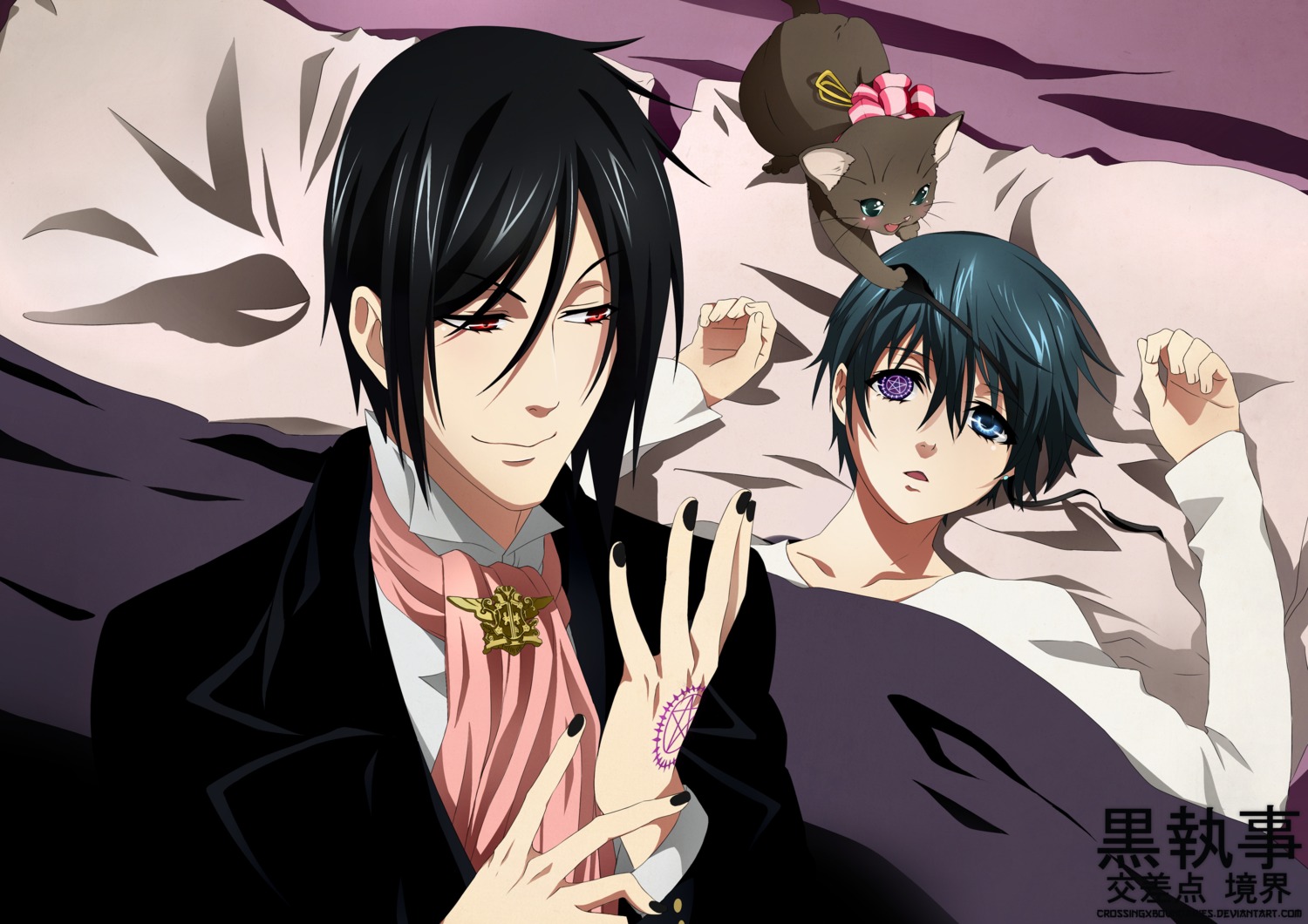 ciel_phantomhive, crossingxboundaries, heterochromia, kuroshitsuji, male, neko, sebastian_michaelis, watermark