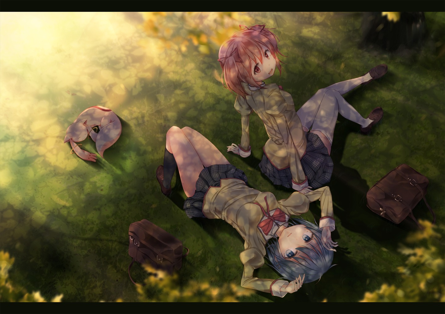 ahirun, kaname_madoka, kyubey, mahou_shoujo_madoka_magica, miki_sayaka, seifuku, thighhighs