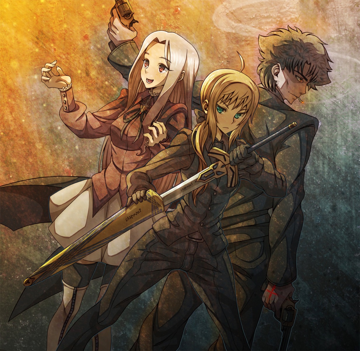 artoria_pendragon_(fate), emiya_kiritsugu, fate/stay_night, fate/zero, irisviel_von_einzbern, sword, vinhnyu