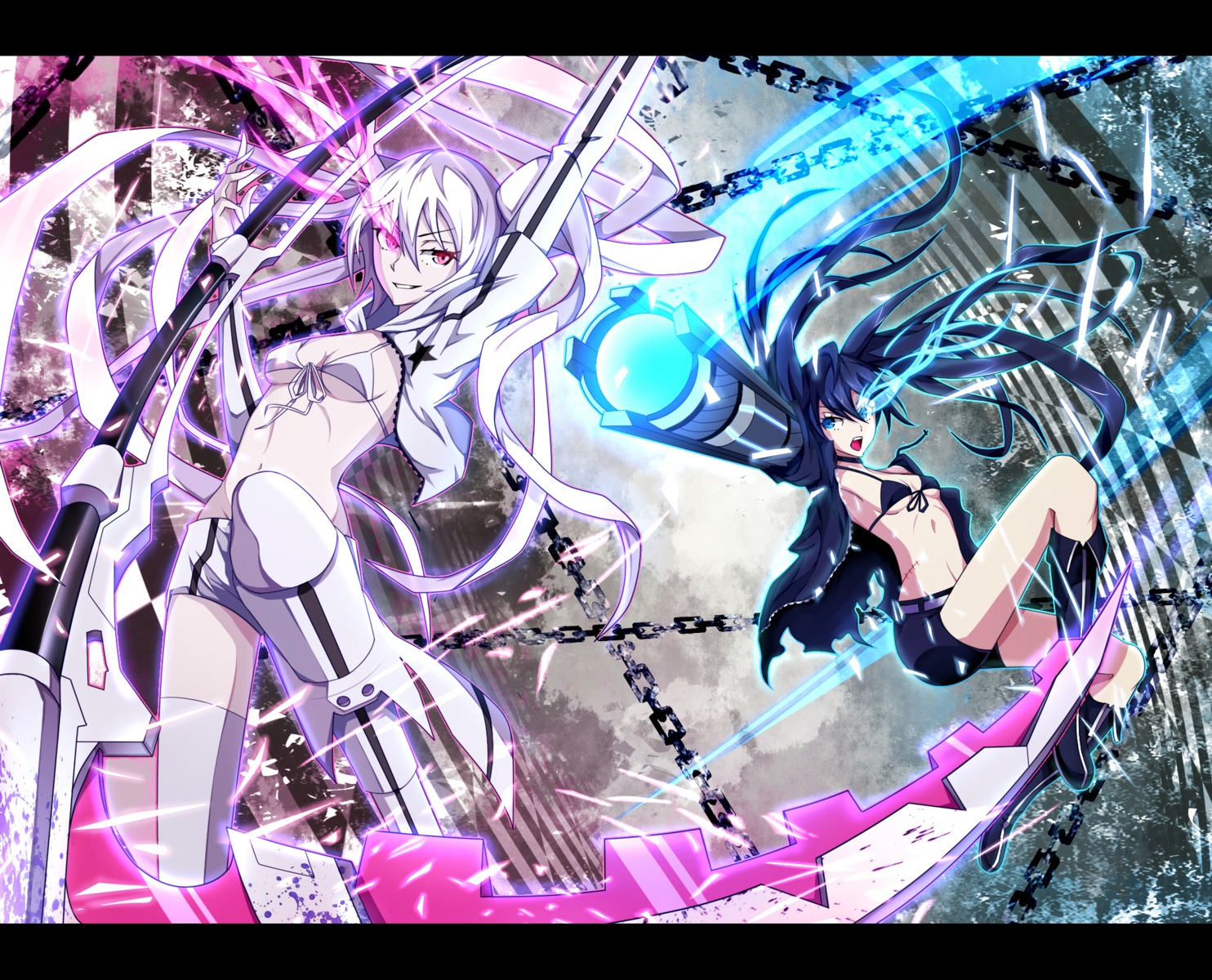 bikini_top, black_rock_shooter, black_rock_shooter_(character), paparins, swimsuits, thighhighs, white_rock_shooter