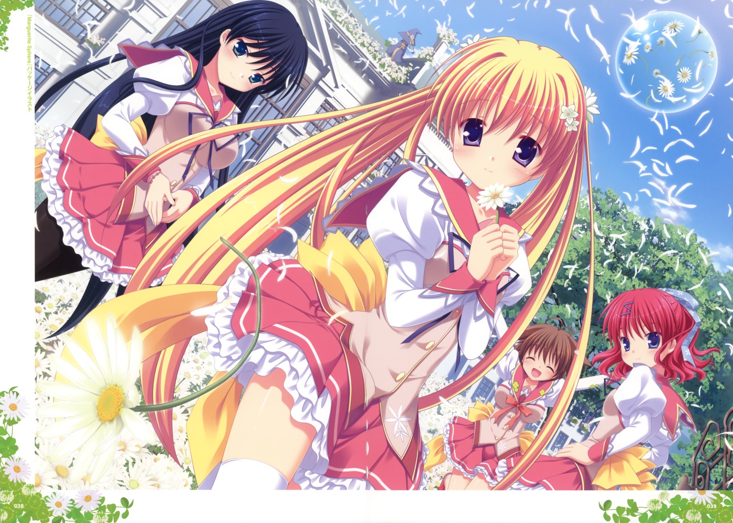 crease, konohana_matsuri, marguerite_san, marguerite_sphere, midorikawa_nanohana, ooura_mio, pantyhose, seifuku, thighhighs, yakushiji_ren, yuyi