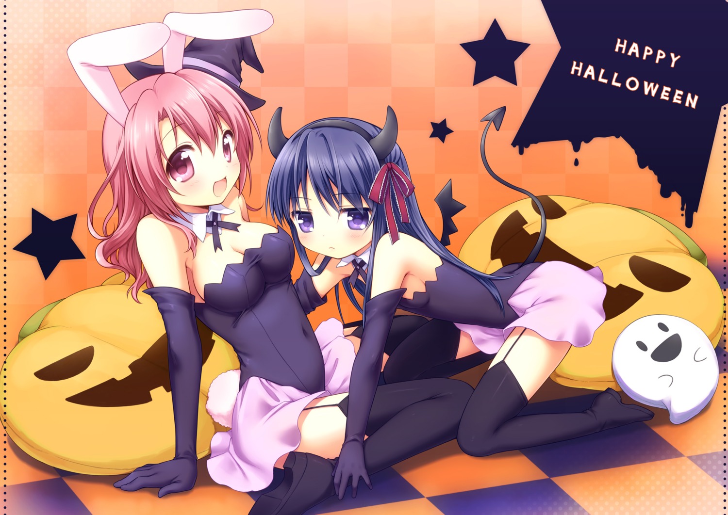 animal_ears, bunny_ears, cleavage, halloween, horns, sakura_(mani), stockings, tail