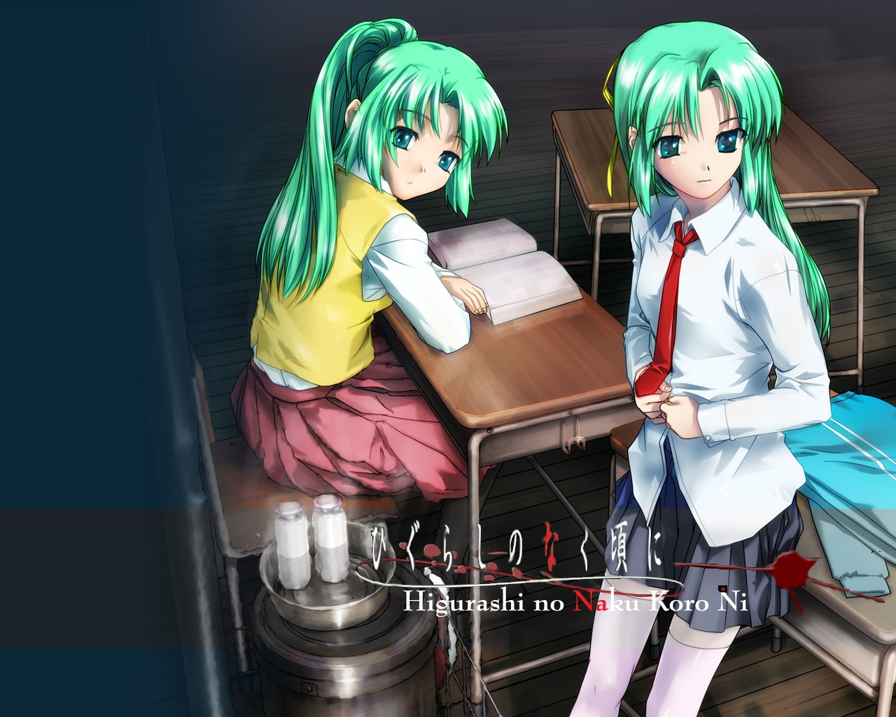 ashibe_ryou, higurashi_no_naku_koro_ni, seifuku, sonozaki_mion, sonozaki_shion, wallpaper