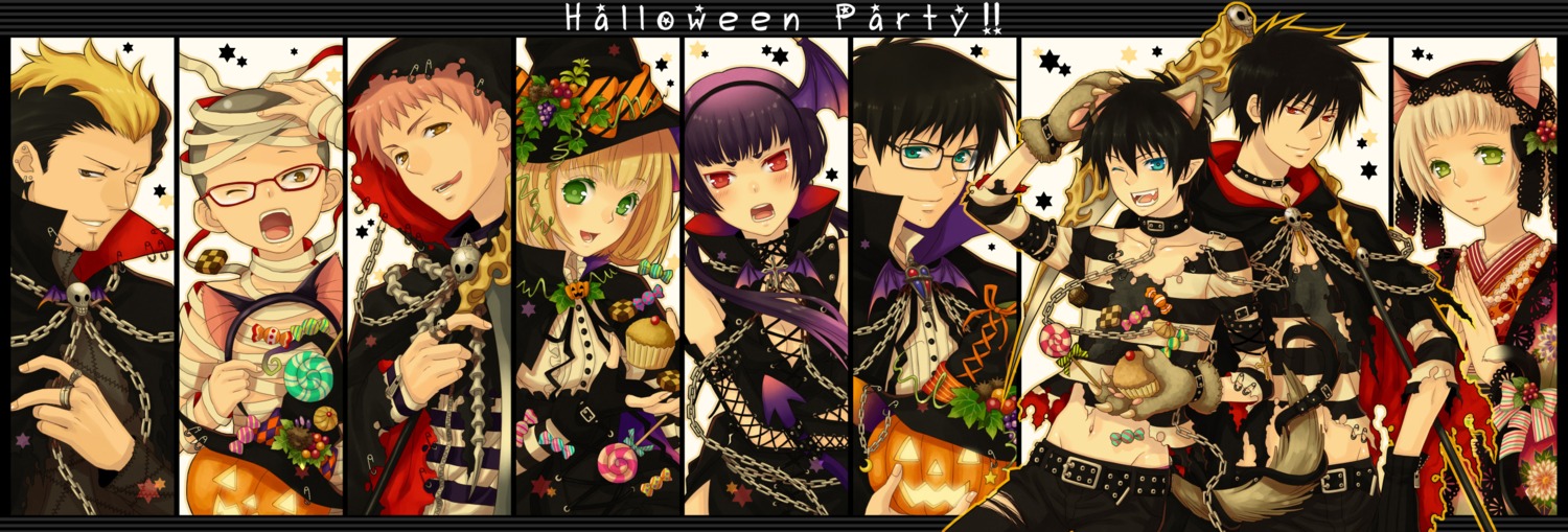 animal_ears, ao_no_exorcist, bandages, halloween, kamiki_izumo, kimono, megane, miwa_konekomaru