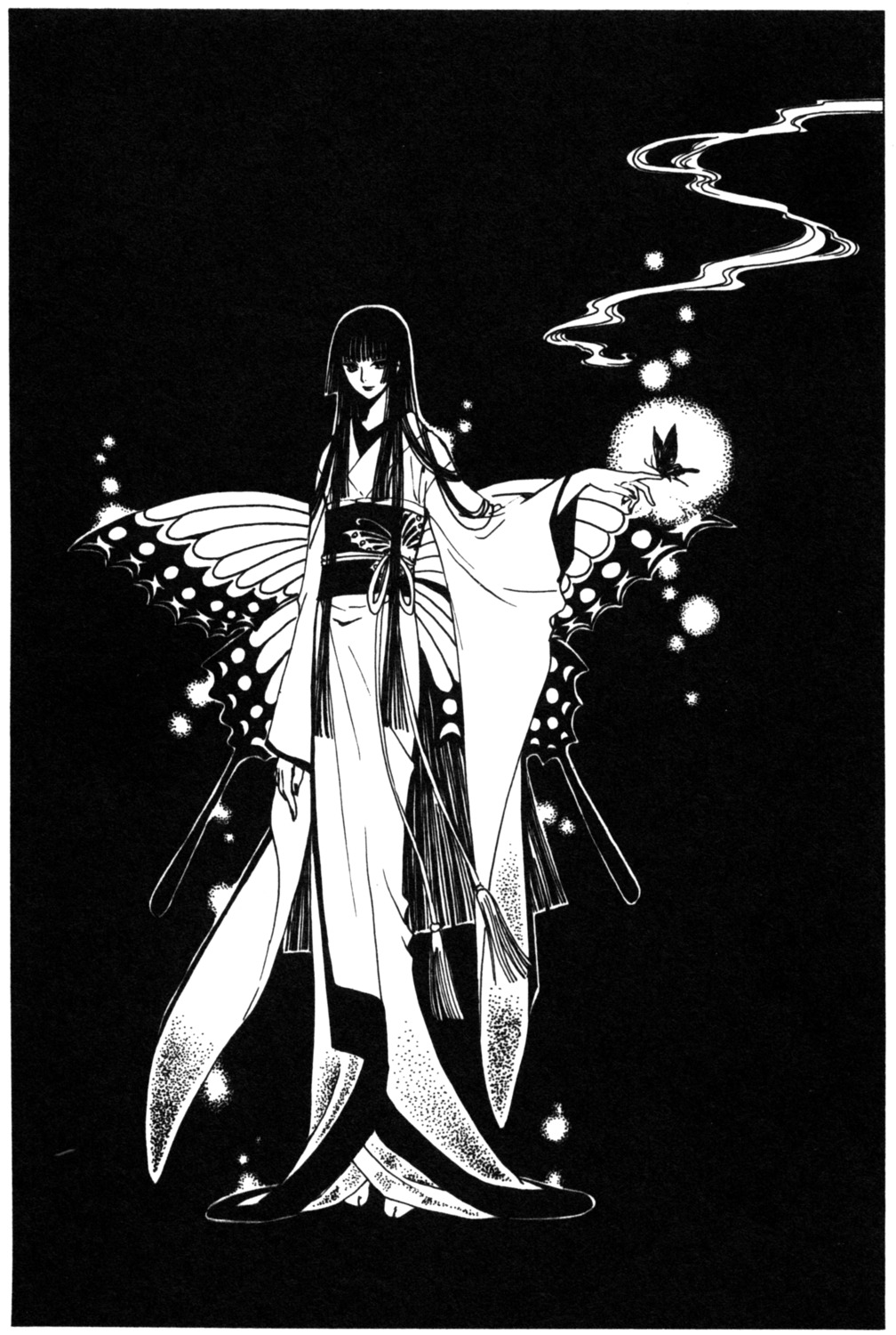 clamp, ichihara_yuuko, kimono, monochrome, wings, xxxholic