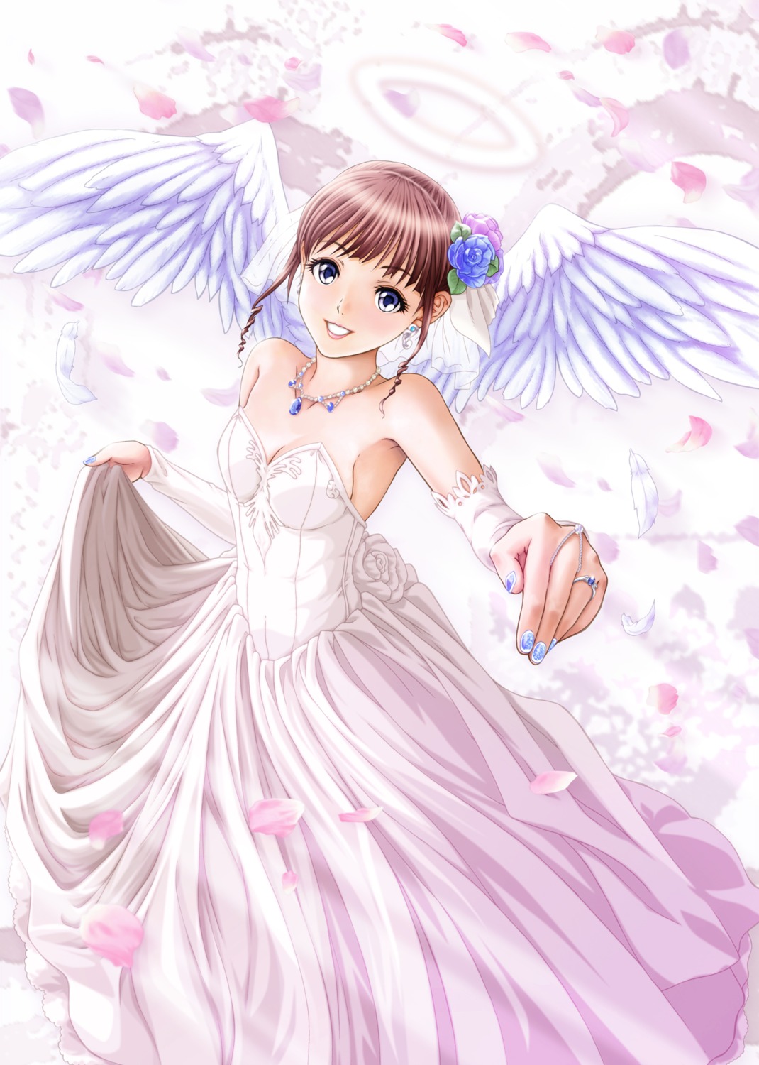 angel, cleavage, dress, wedding_dress, wings, yume_robo