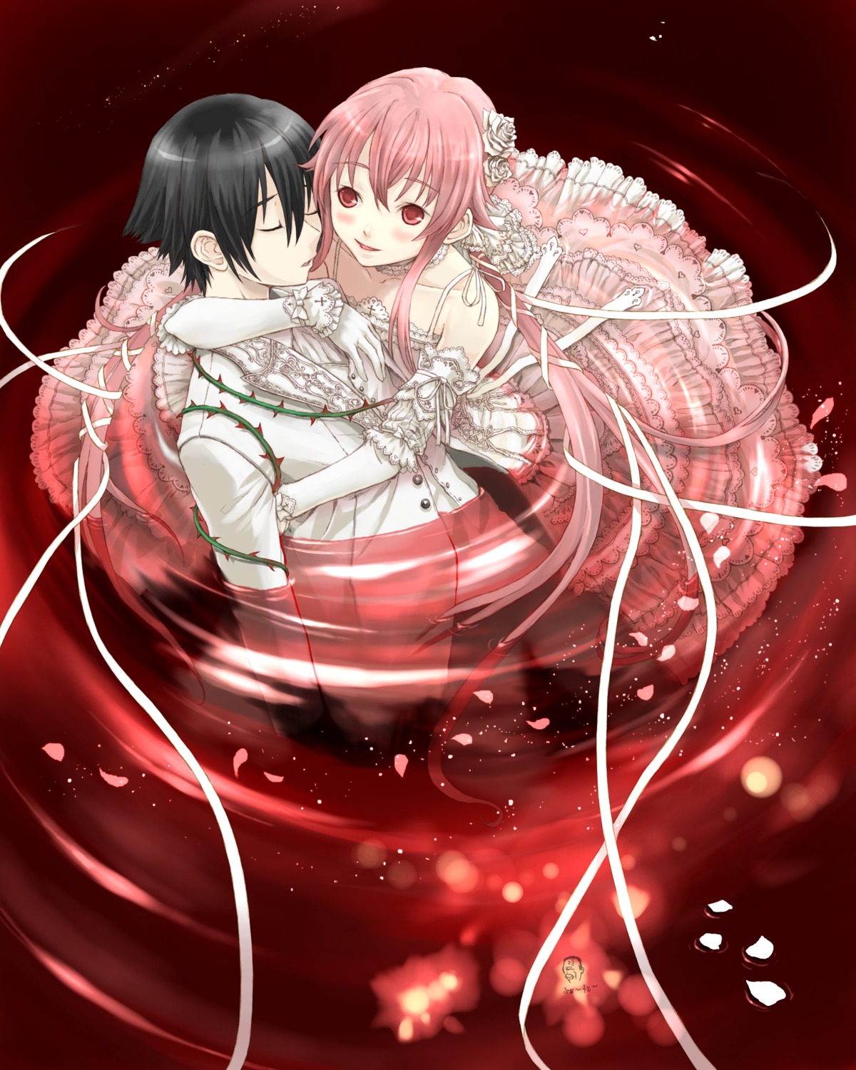 amano_yukiteru, dress, gasai_yuno, koutenbelg_no_youhei, mirai_nikki, wedding_dress