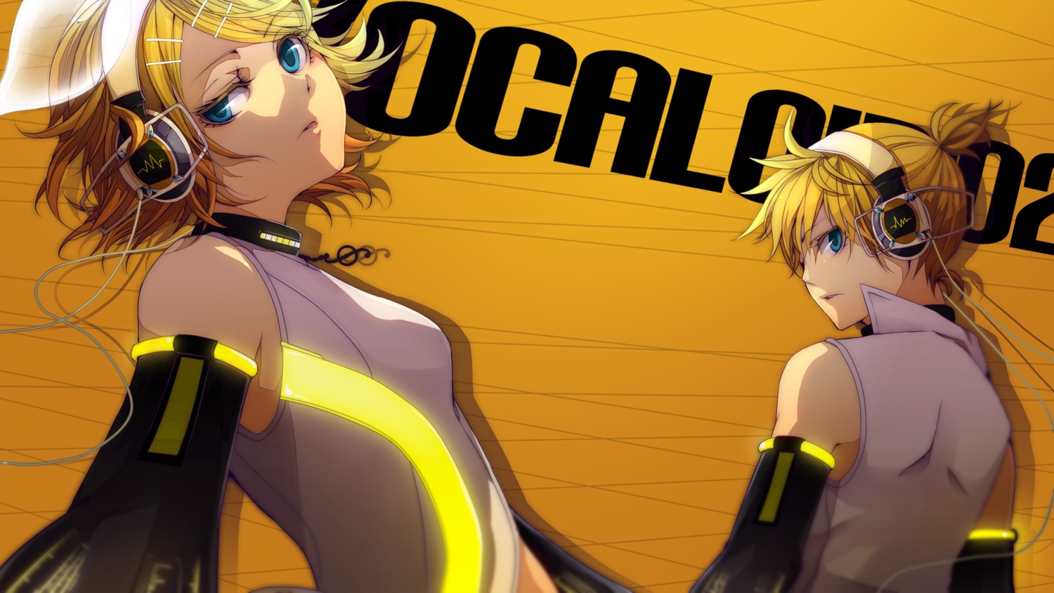 domco., headphones, kagamine_len, kagamine_rin, len_append, rin_append, vocaloid, wallpaper
