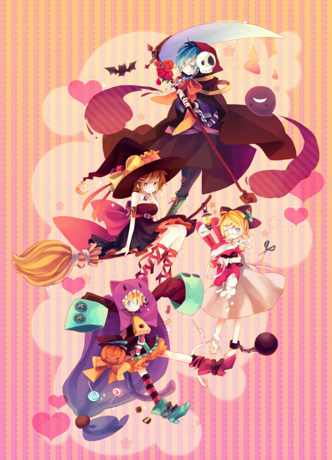 akiyoshi_(tama-pete), eyepatch, halloween, kagamine_len, kagamine_rin, kaito, meiko, vocaloid, witch