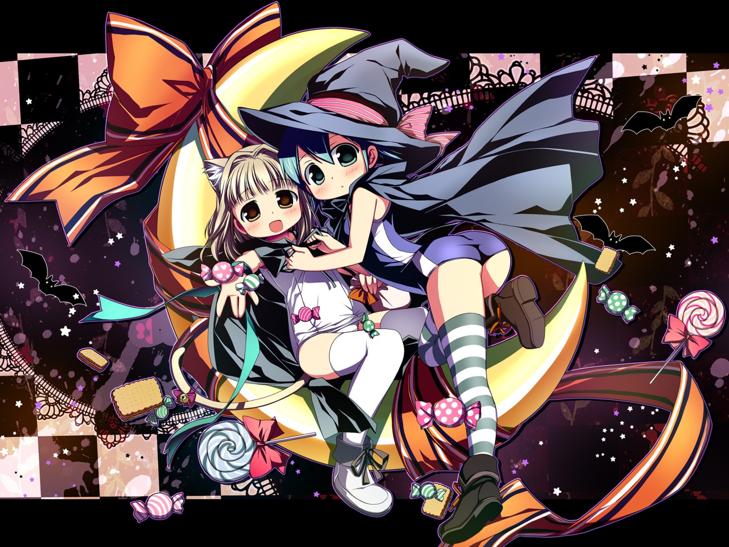 animal_ears, halloween, hidamari_sketch, nagayama_yuunon, nazuna, nekomimi, nori, school_swimsuit