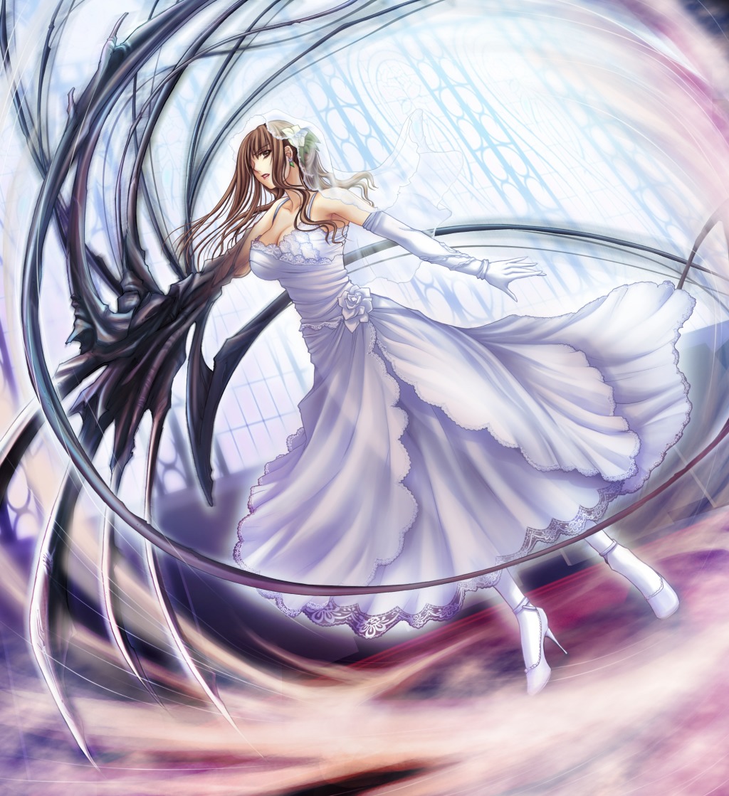 black_cyc, cleavage, dress, extravaganza, game_cg, sakurai_yumemi, see_through, ueda_metawo, wedding_dress