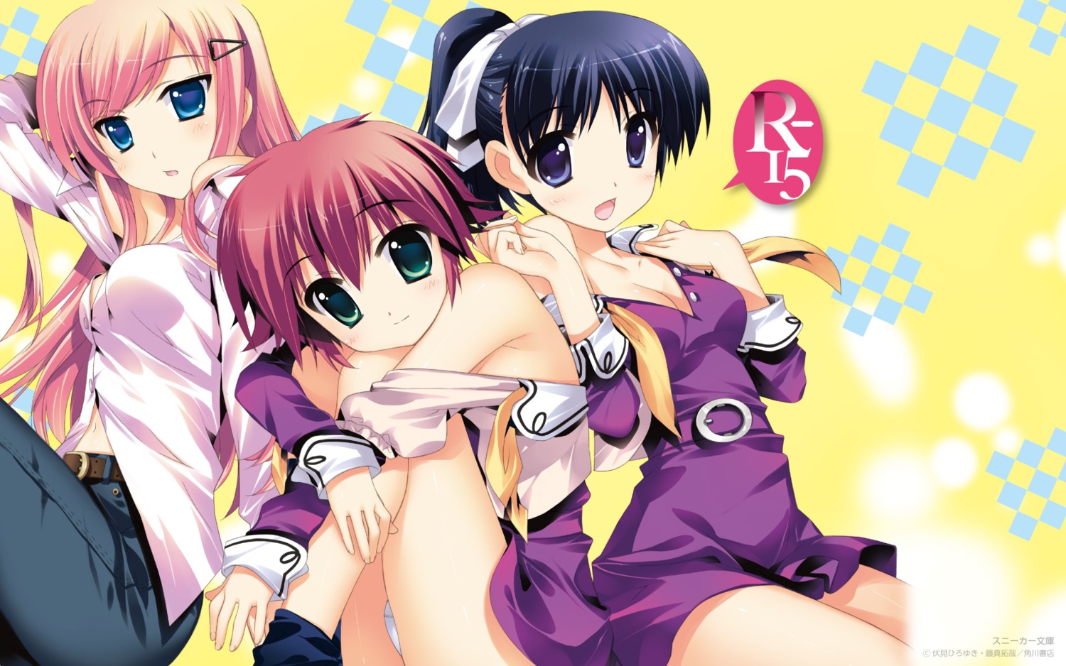 cleavage, fujima_takuya, meiki_raika, musen_ran, narukara_fukune, pantsu, r-15, seifuku, wallpaper