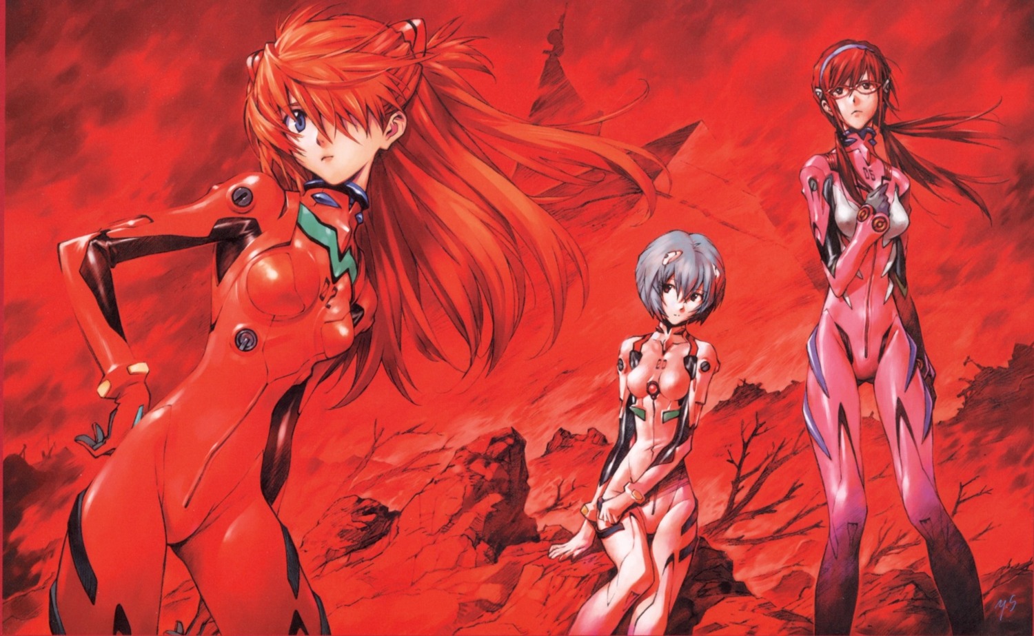 ayanami_rei, bodysuit, makinami_mari_illustrious, megane, neon_genesis_evangelion, sadamoto_yoshiyuki, souryuu_asuka_langley