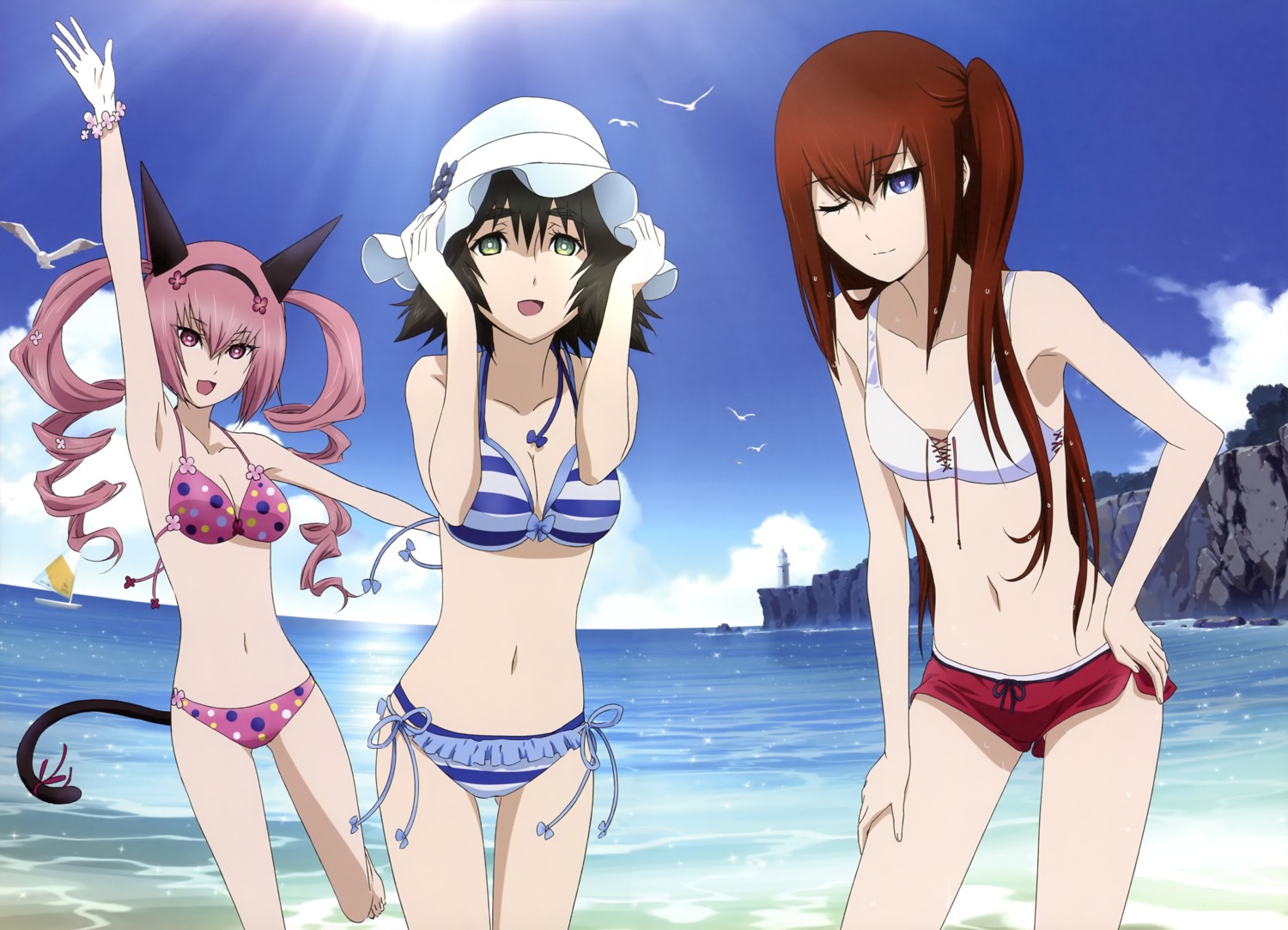 animal_ears, bikini, cleavage, faris_nyanyan, makise_kurisu, shiina_mayuri, steins;gate, swimsuits