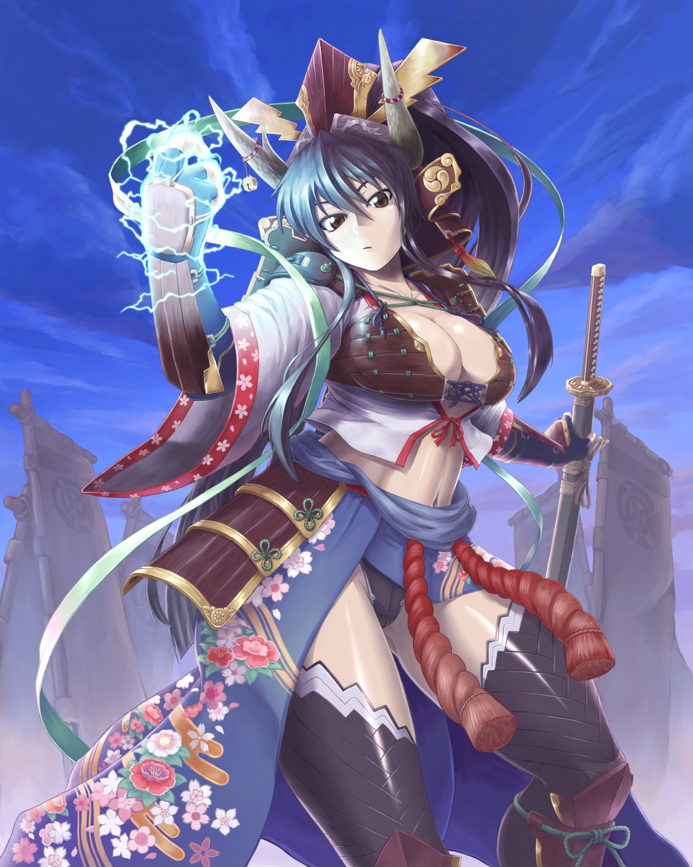 armor, cleavage, sengoku_taisen, sword, tachibana_ginchiyo, tachibana_ginchiyo_(taisen), tak_(takumi_fortitude), thighhighs