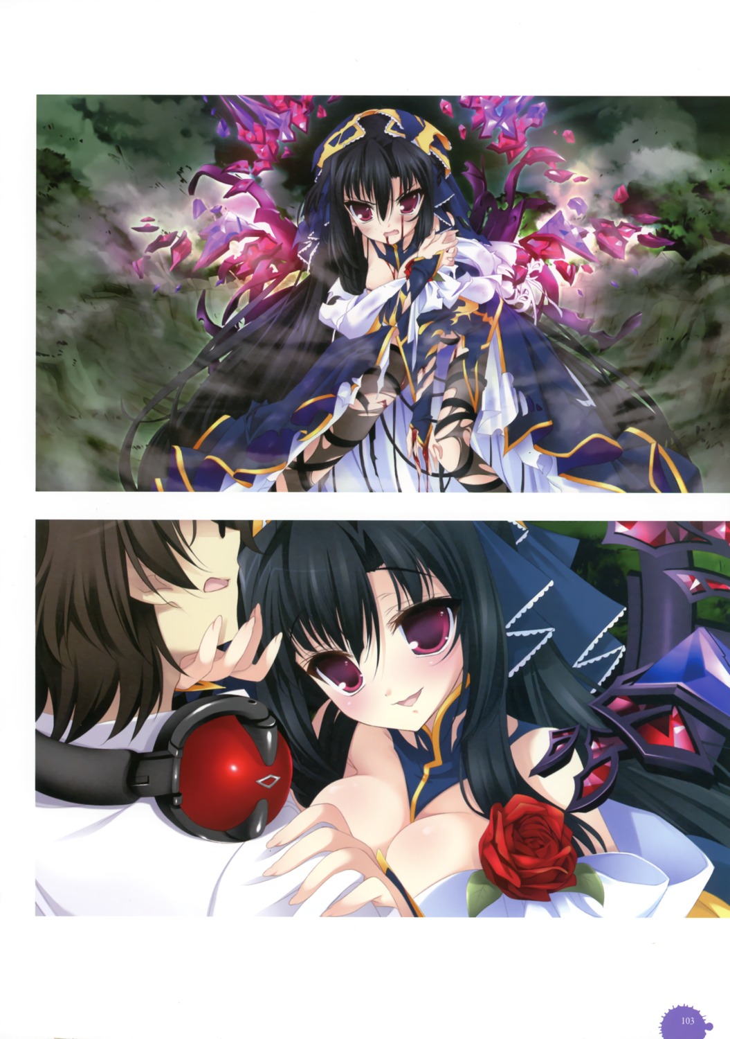 11eyes, amami_shuu, blood, cleavage, kengou, kuroshiba_kanae, thighhighs, torn_clothes
