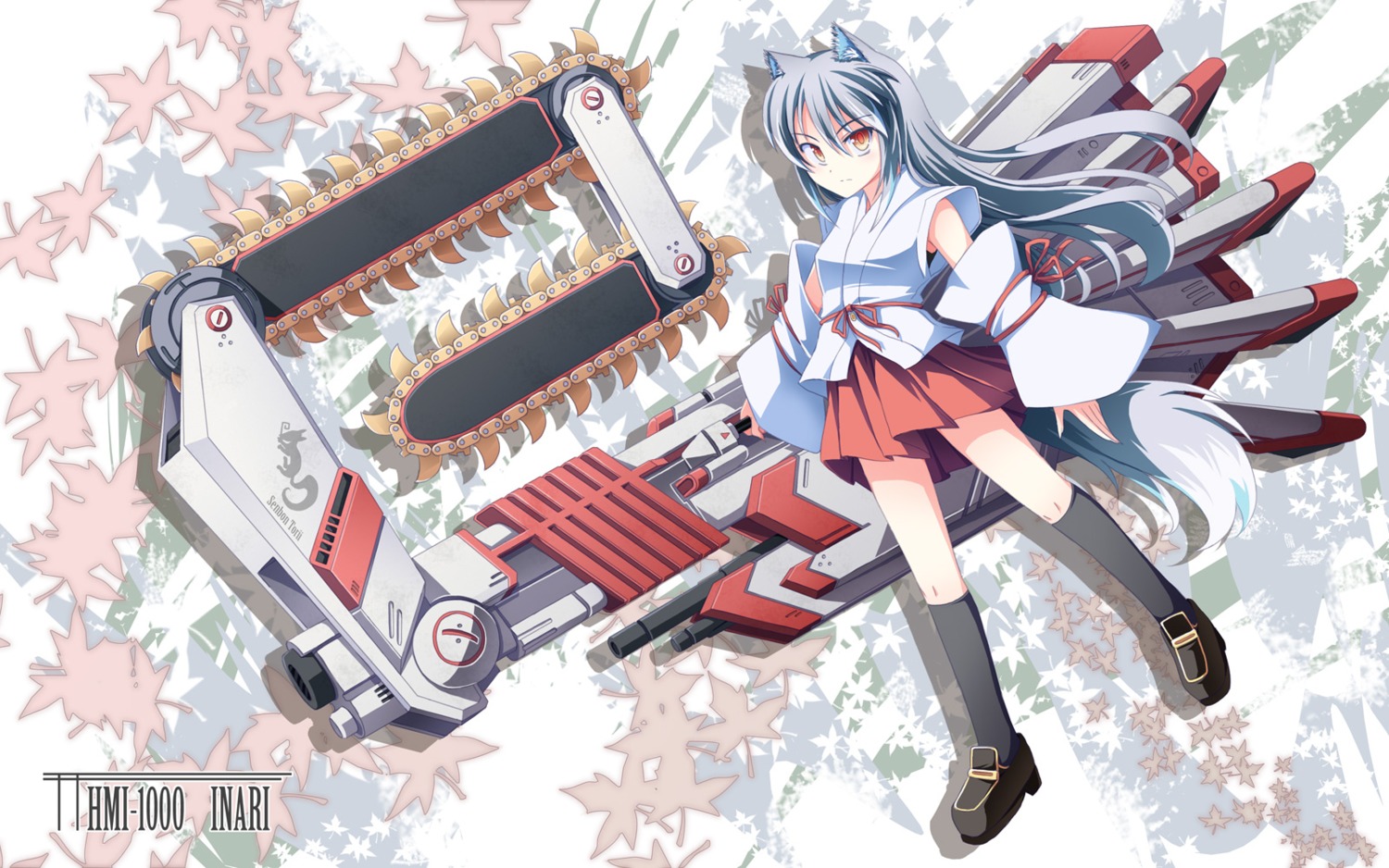 animal_ears, chainsaw, miko, tail, tri